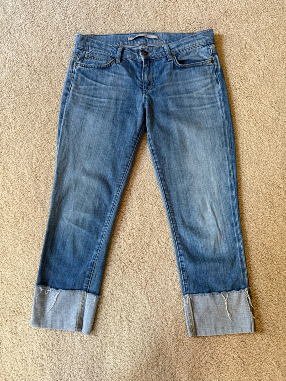 Joe’s Jeans Wide Raw Cuff Kicker Jeans W28 Cropped Light Wash Frayed Hem Stretch